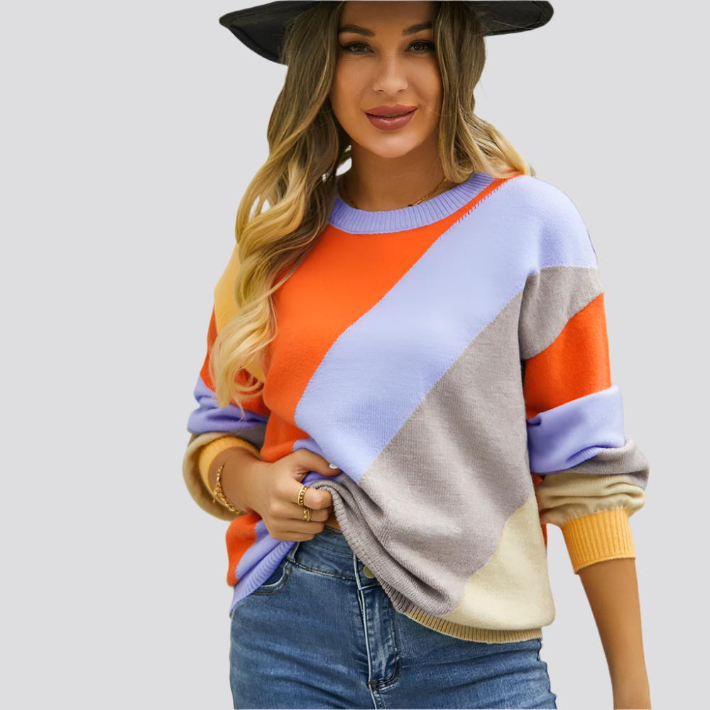 Women's Fashionable Simple Striped Patchwork Round Neck Sweater