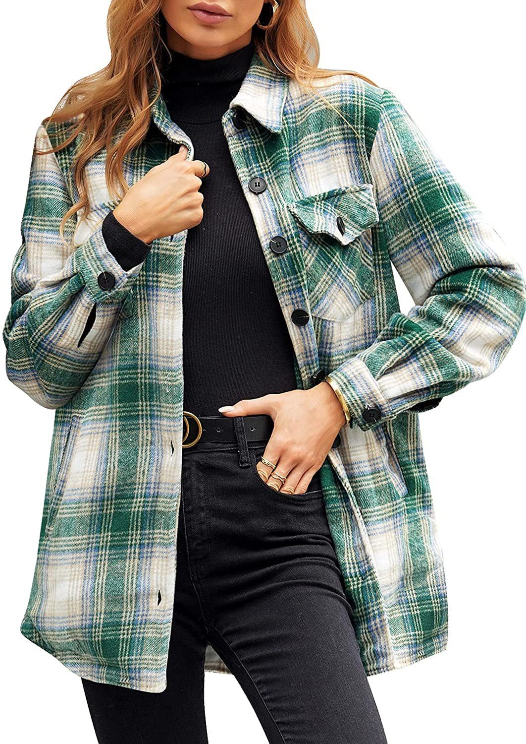 Women Oversized Check Button Shirt Jacket