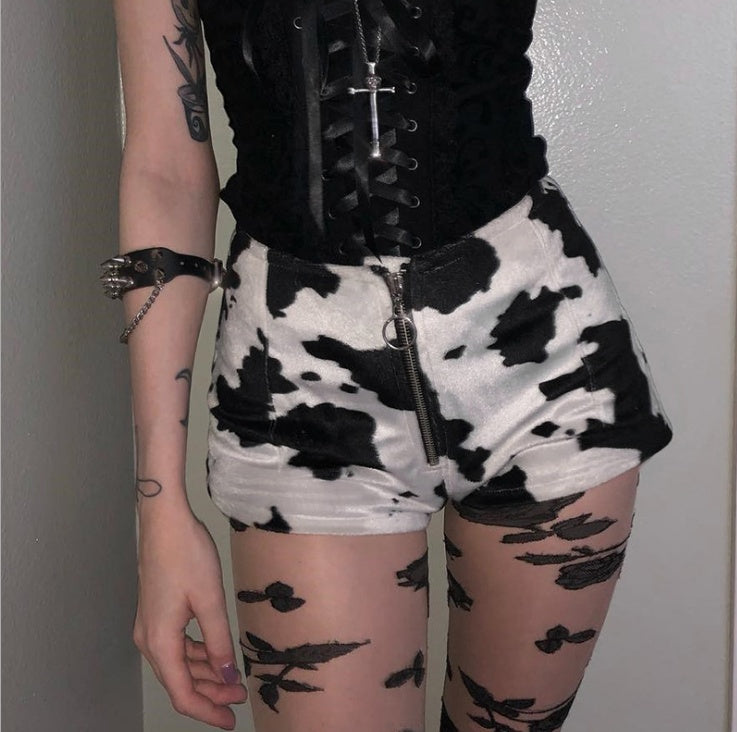 Fashion cow print slim zipper shorts women's casual pants