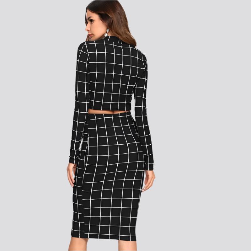 Stand Collar Long Sleeve 2 Piece Set Women Crop Grid Top & Pencil Skirt Co-Ord Ladies Elegant OL Style Twopiece