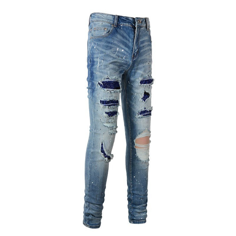 Hot Diamond Speckle Paint Elastic Slim Fit Light Jeans For Men