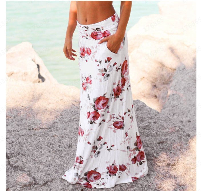 Fashion And Elegant Floral High Waist Bag Hip Print Long Skirt