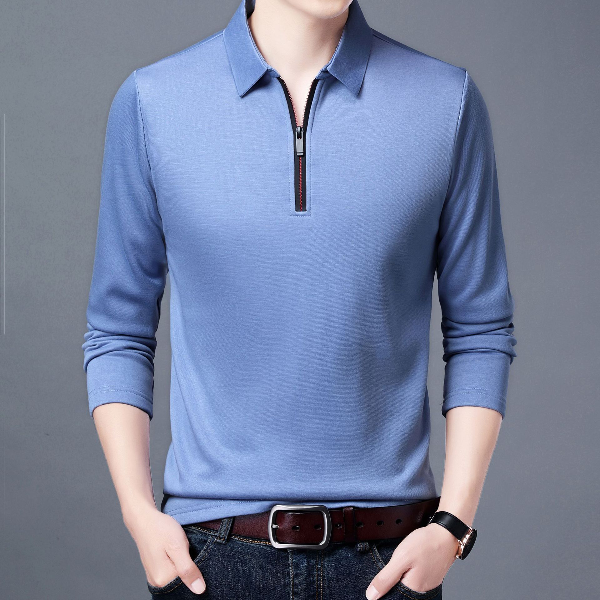 Spring And Autumn Men Long Sleeve Lapel Half Zip T Shirt