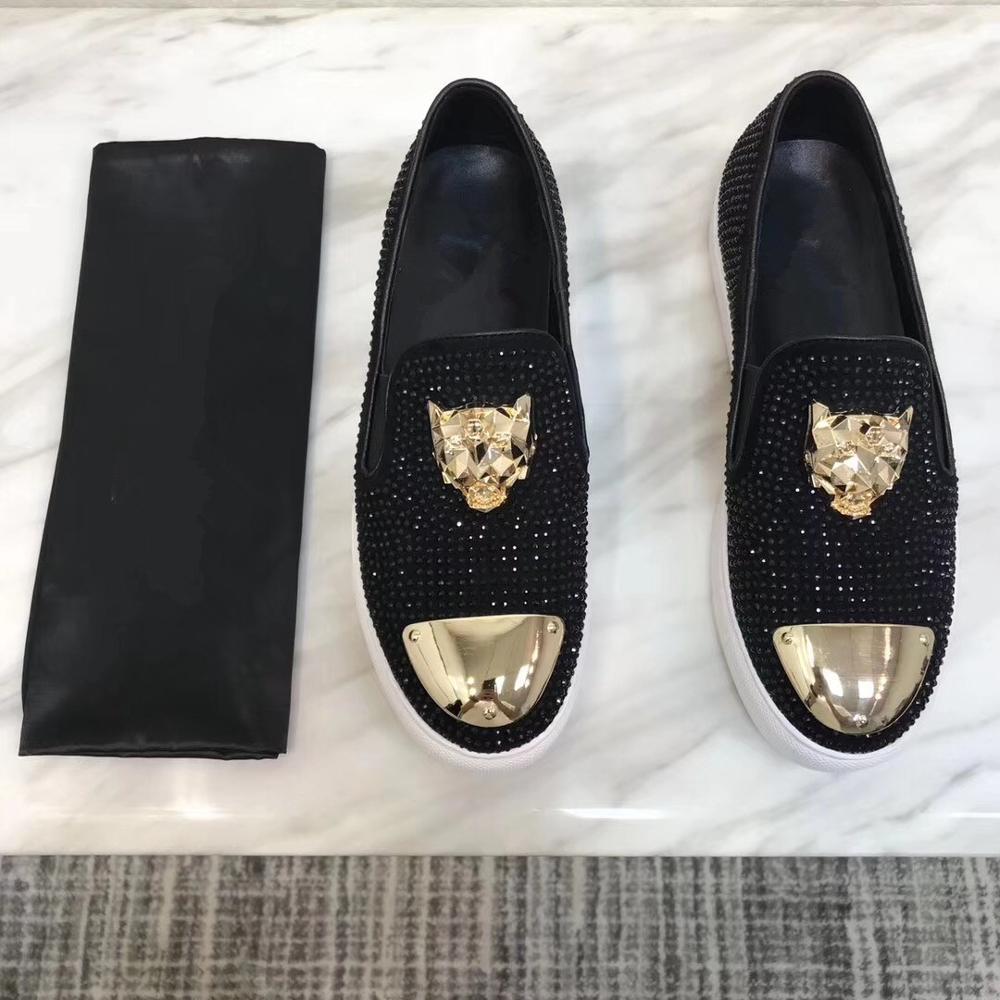 Leather casual loafers with rhinestones