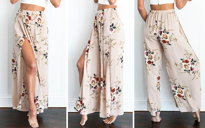 Summer large size women's European and American chiffon printing split loose wide leg pants casual pants