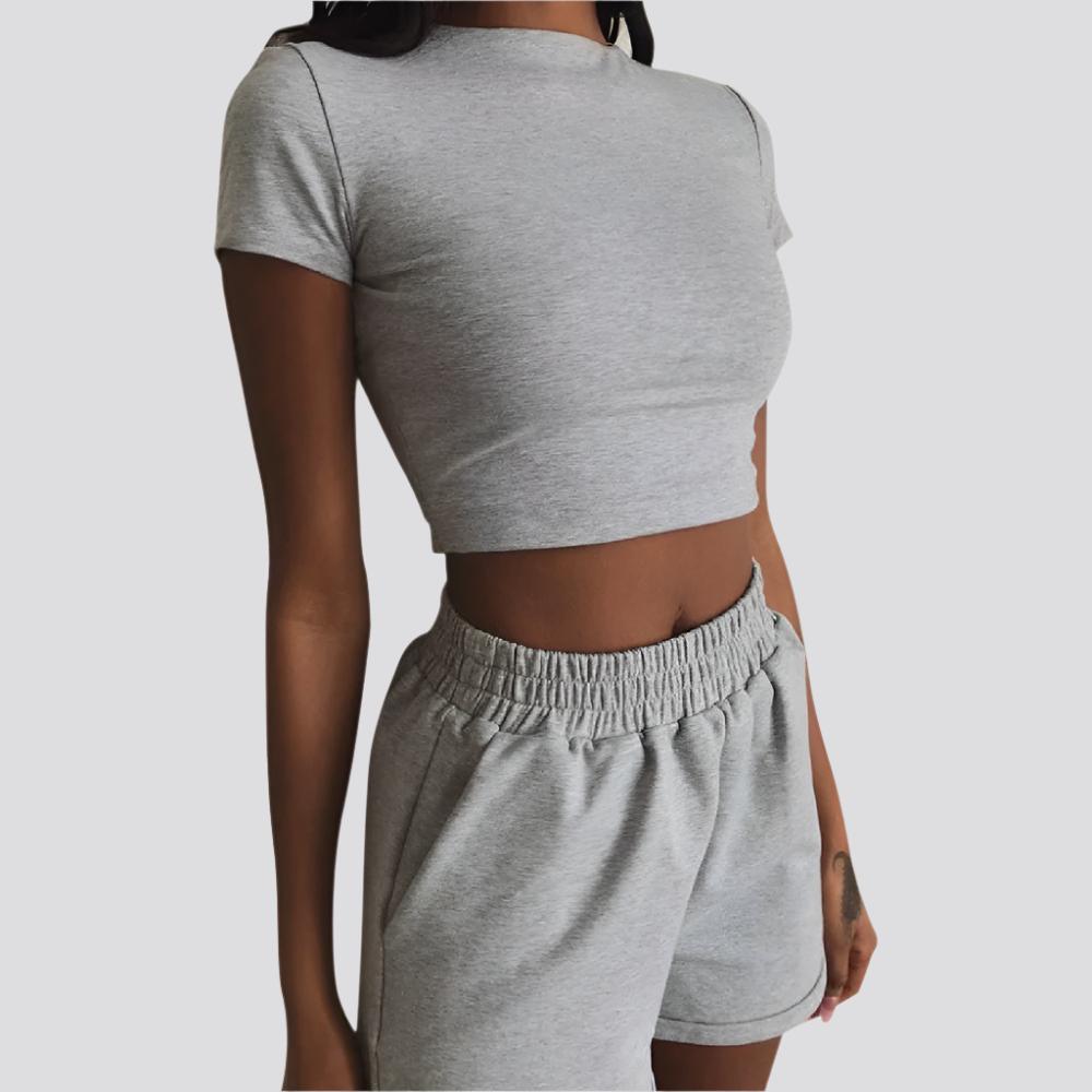 Casual Short Sleeve High Waist Crop Shorts Fashion Set