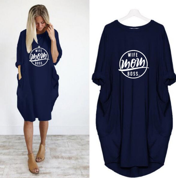 Casual loose pocket long sleeve print dress