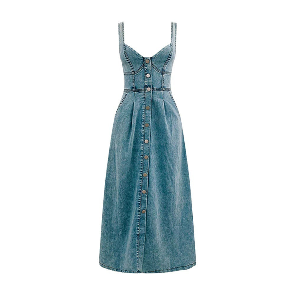 Women's Denim Buckle Strap Midi Dress