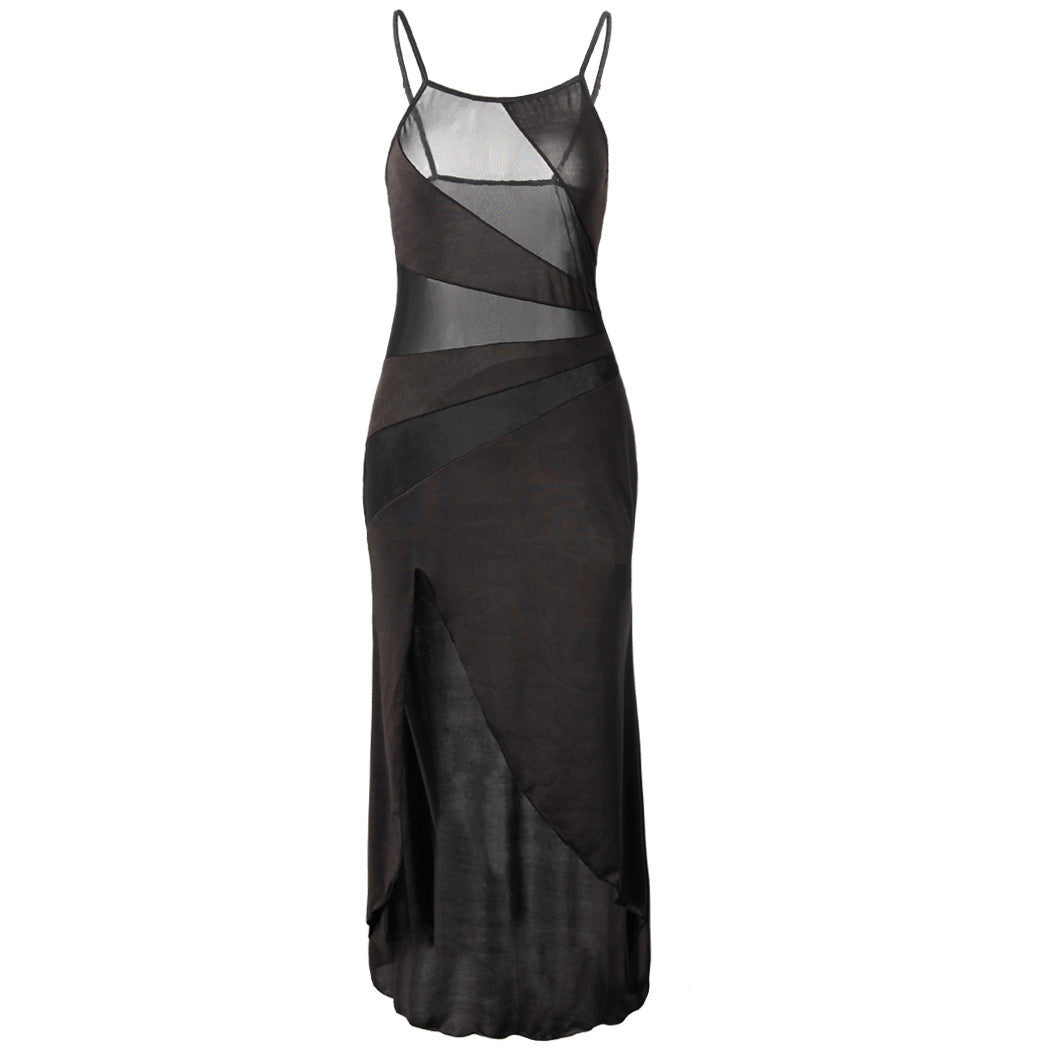 Mesh See-through Slit Suspender Maxi Dress