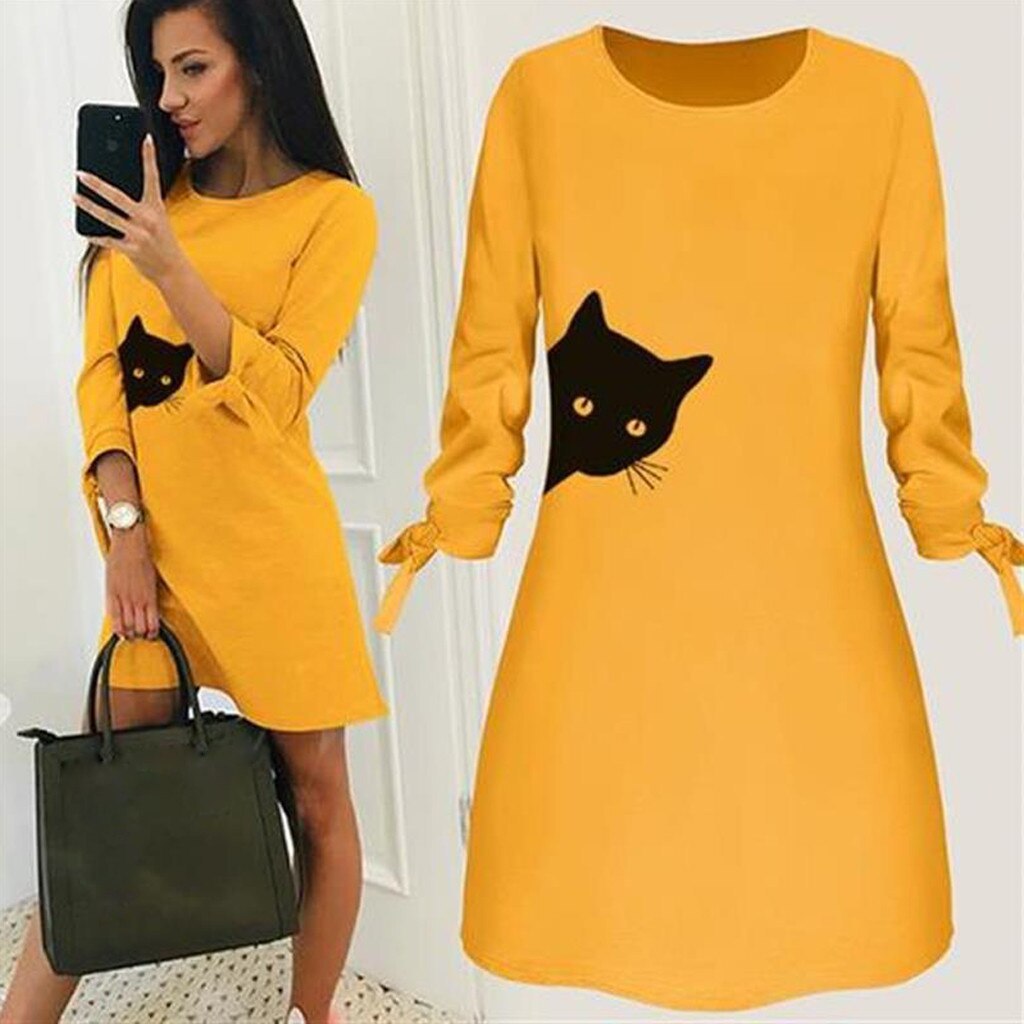 Women Elegant Dress Cat Print Bow O Neck Long Sleeve Party Mini Dresses Casual Ladies Elegant Dress Autumn Spring Dresses