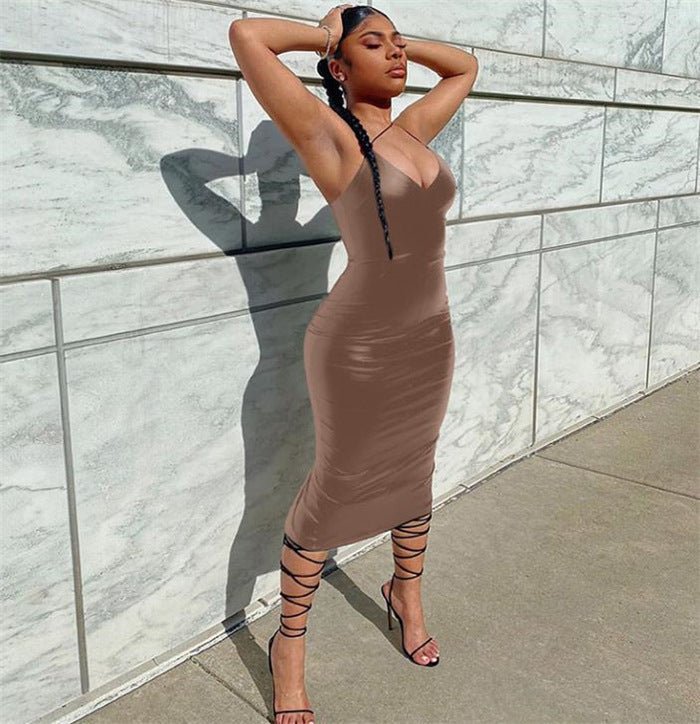 Leather Sling Dress V Neck Slit Midi Skirt