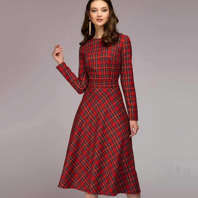 Plaid Elegant Midi Dress