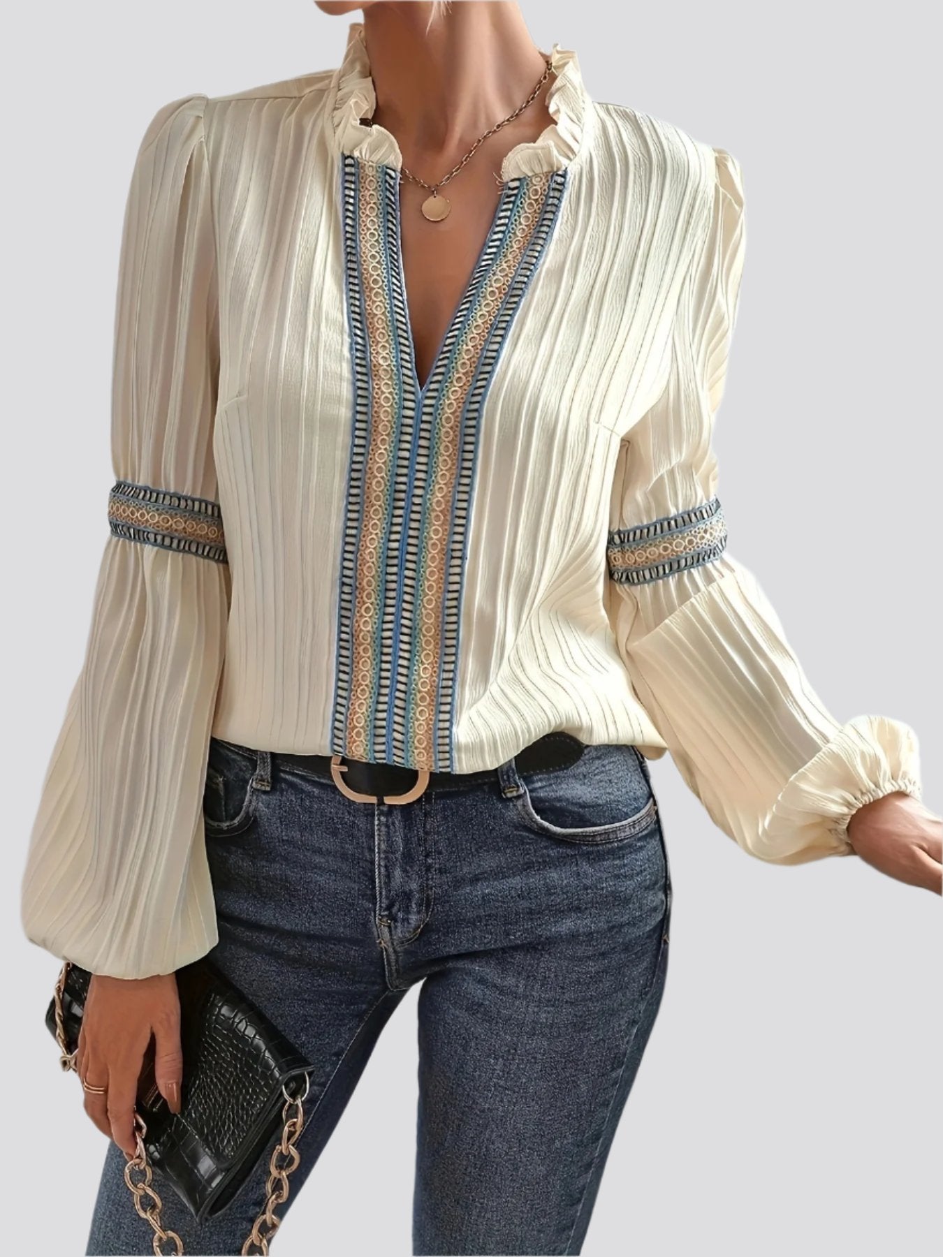 Lantern Sleeve Loose And Simple Plain Lace V-neck Patchwork Shirt