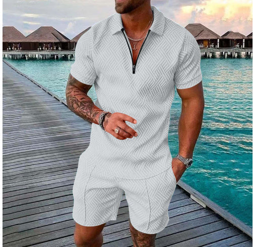 Men's Casual Color Contrast POLO Zip Lapel Shirt Short Sleeve Suit