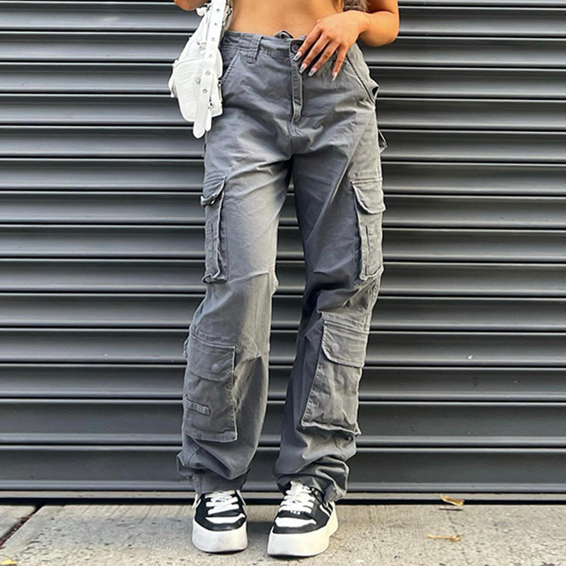 Multi-pocket Gray Straight Loose Jeans Look Slim For Women