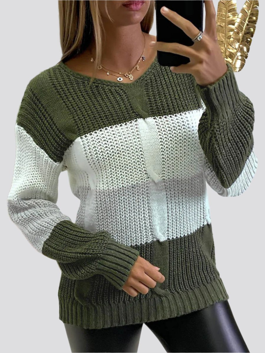 New Knitted V Neck Color Matching Long Sleeved Sweater Women