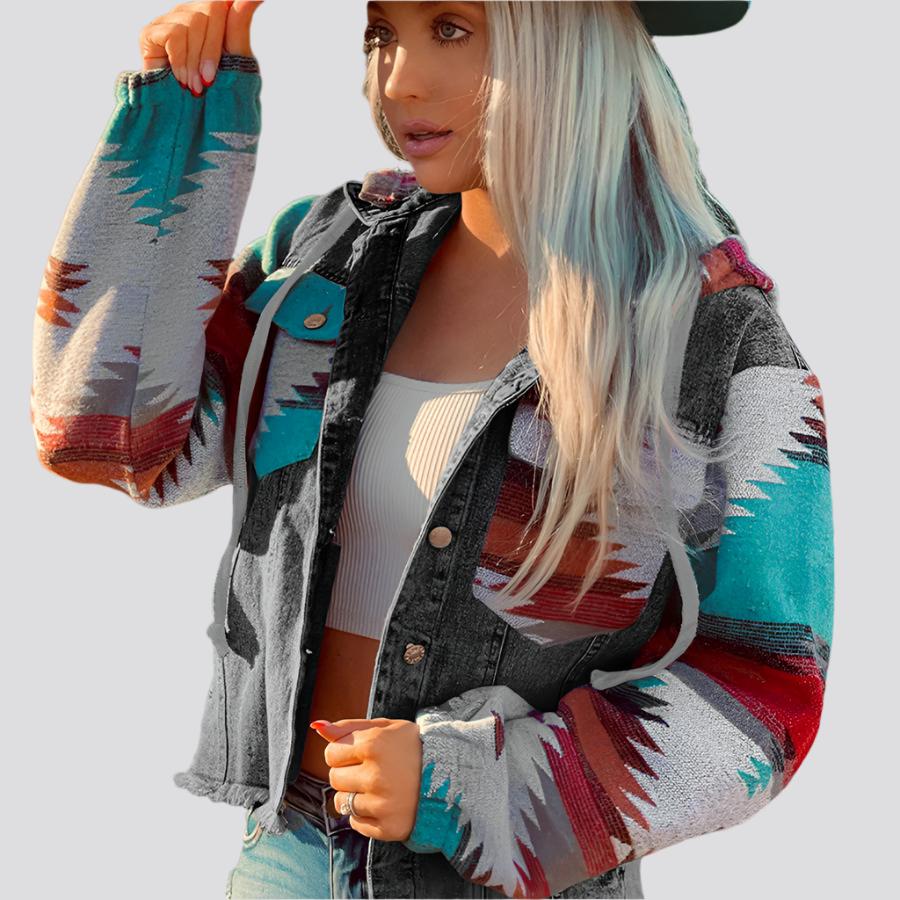 Western Style Denim Stitching Hooded Jacket Multi-color Printed Frayed Hem Jacket