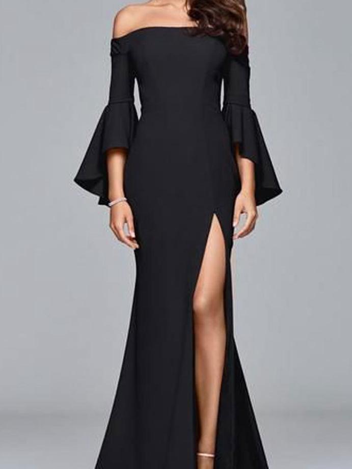 Solid Color Off Shoulder Split Evening Maxi Dress