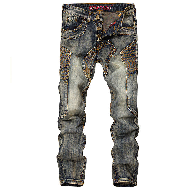 Retro Jeans Men's Stitching Beggars Old Patch Slim-fit Straight Trousers