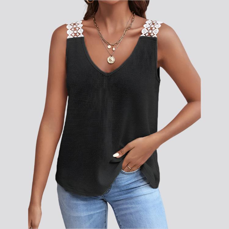 Waffle V-Neck Vest Sleeveless Lace Tank Shirt Tops Summer