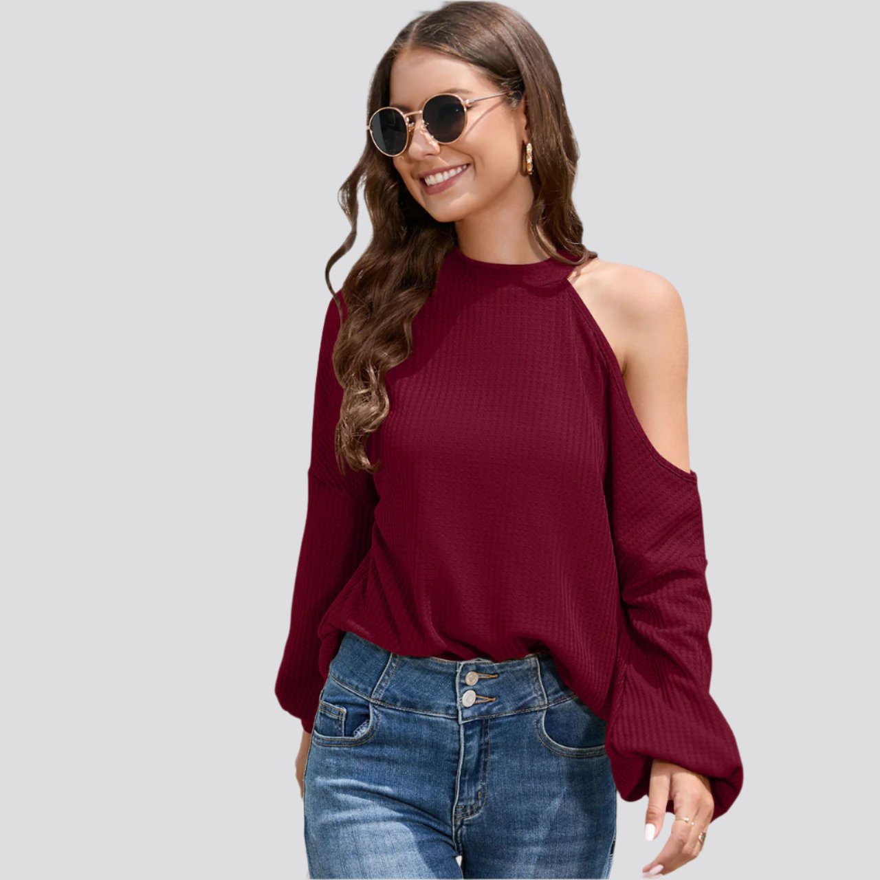 Off-the-shoulder Long Sleeve Crew Neck T-shirt Top Women