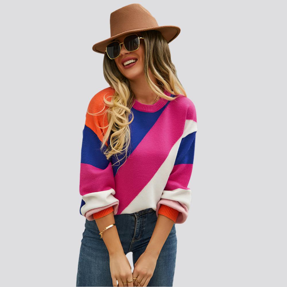 Women's Fashionable Simple Striped Patchwork Round Neck Sweater