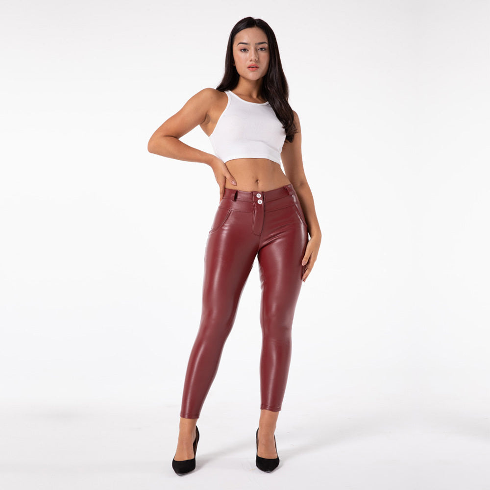 shascullfites melody Hip Push-Up Pants Four-Way Stretch Leggings burgundy vegan leather leggings booty shaping effect