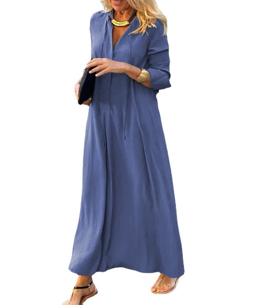 Solid Color Lapel Long Sleeve Simple Casual Long Shirt Dress