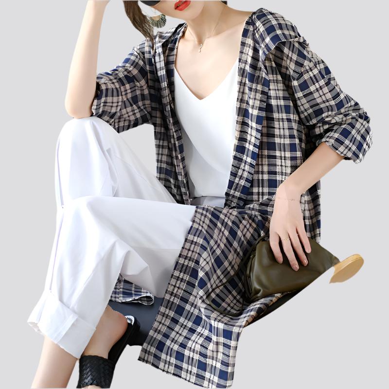 Mid-length Cotton Cardigan Fashion Plaid Loose Sunscreen Shirt