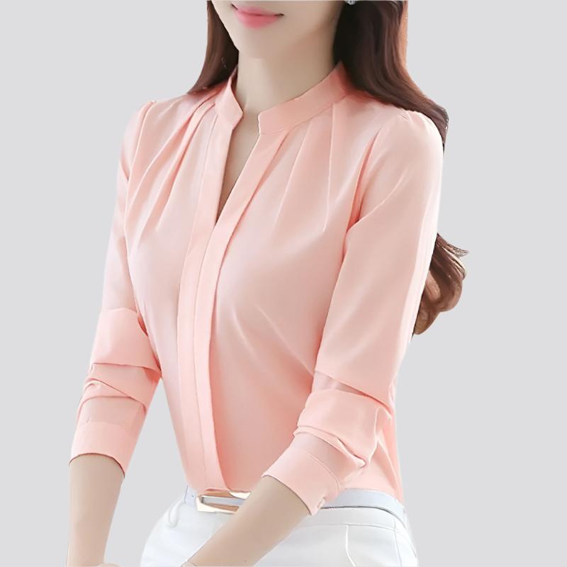 New Style V-neck Long-sleeved Elegant Ladies Office Chiffon Shirt