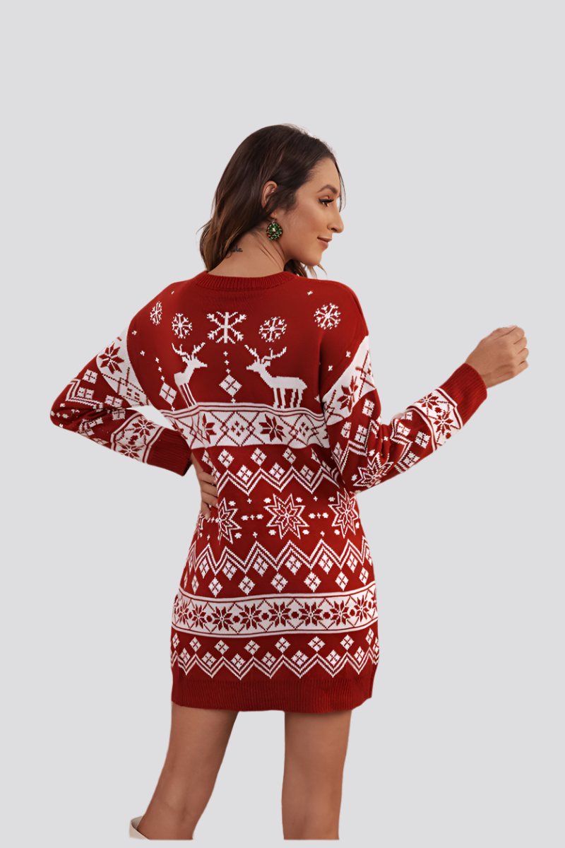 Elk Snowflake Christmas Jacquard Knitted Dress Long Knitted Sweaters