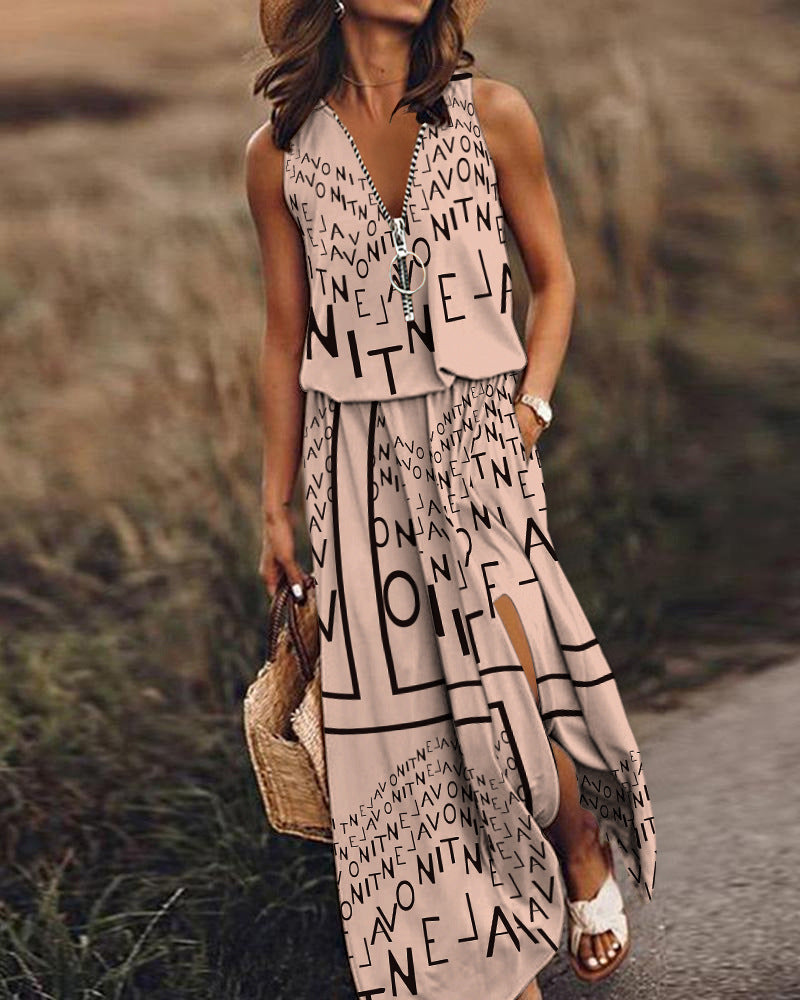 Spring And Summer New Sleeveless Long Casual Women's Waist Zipper Letter Print Dress