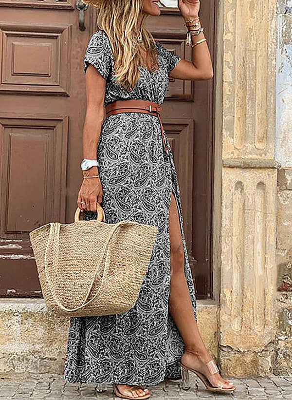 Bohemian Style Waist Trimming Printing Maxi Dress