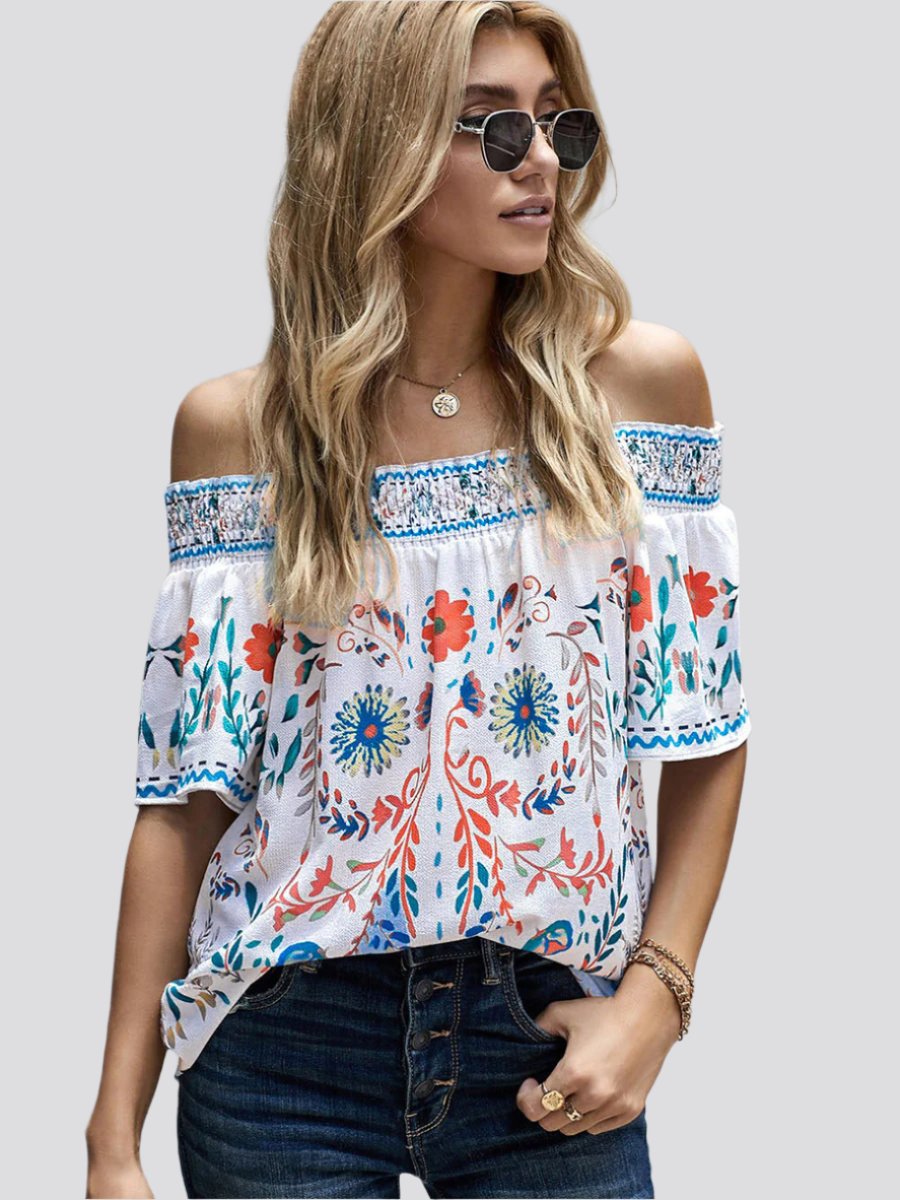 Women's Printed T-shirt Loose Off Shoulder Top