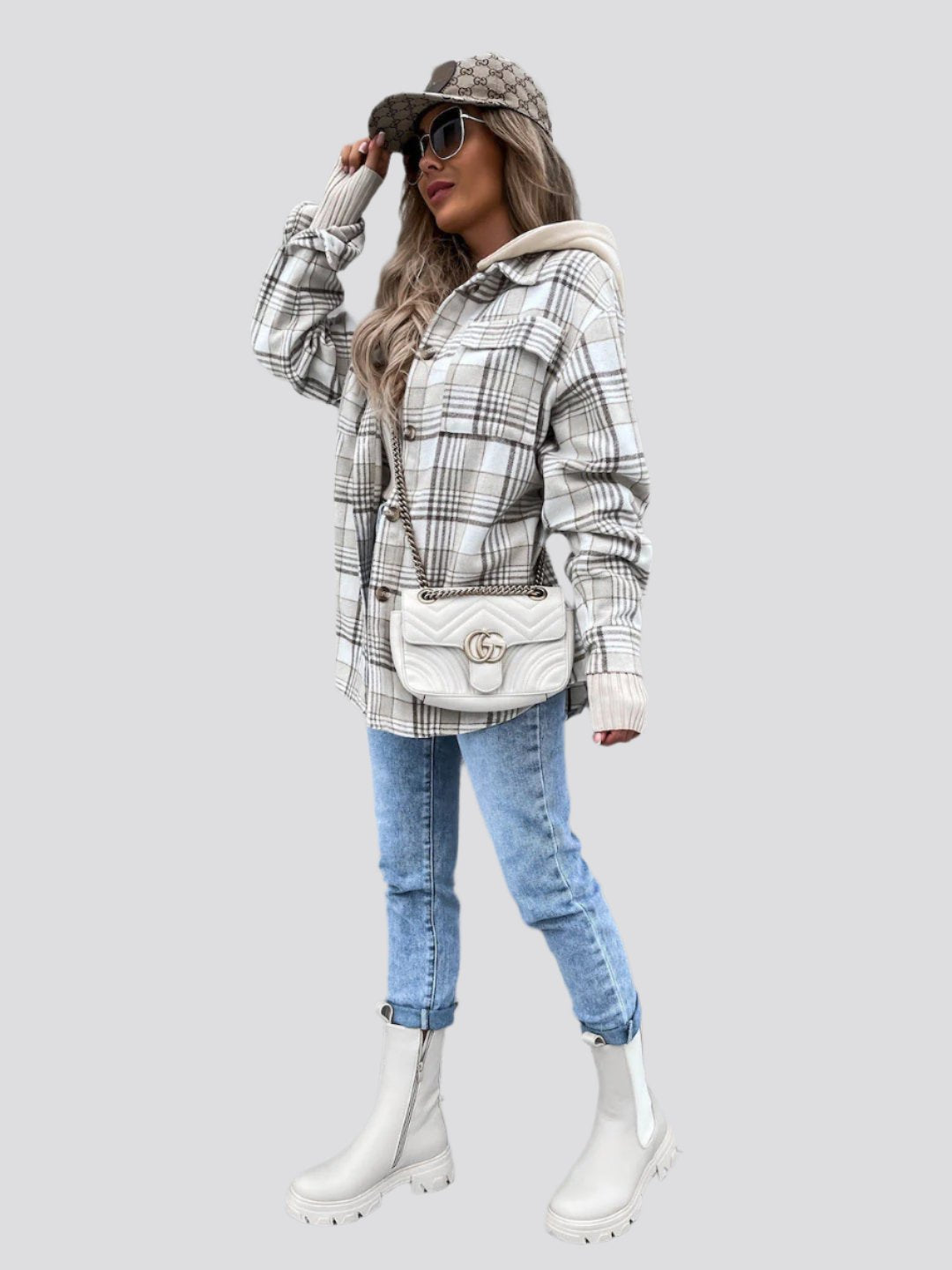 Ins Women's Woolen Jacket Winter Fashion Plaid Hooded Coat With Detachable Cap And Pockets Design Shirt Outerwear