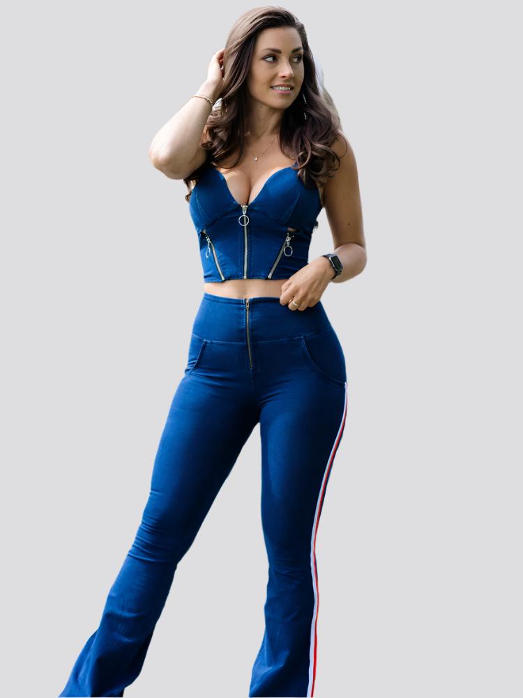 Shascullfites Melody Two Piece Set Dark Blue Denim New In Matching Sets Flare Jeans And Zipper Crop Top Suit Clothes For Women