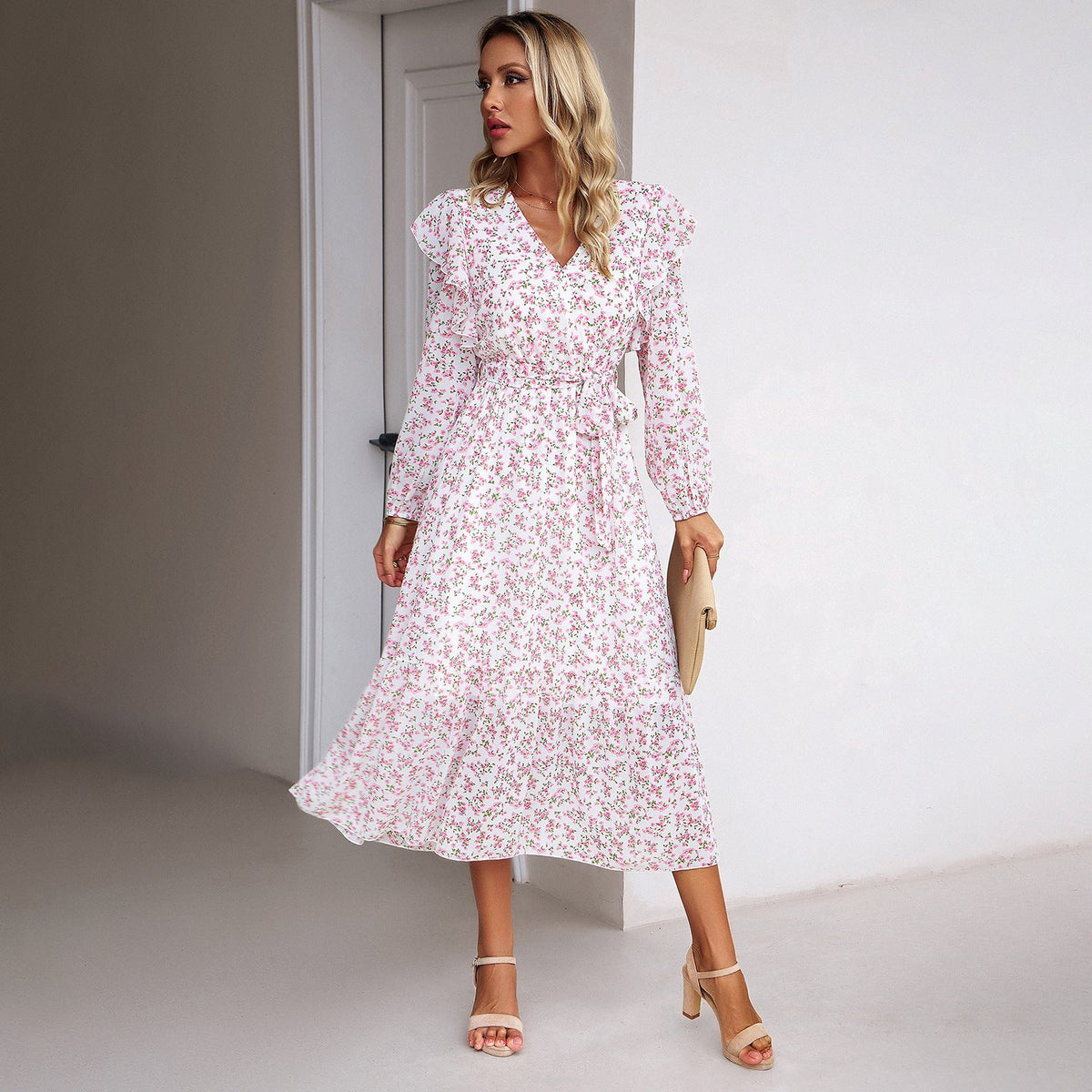 Fashion Casual Floral V-neck Long-sleeve Dress Women