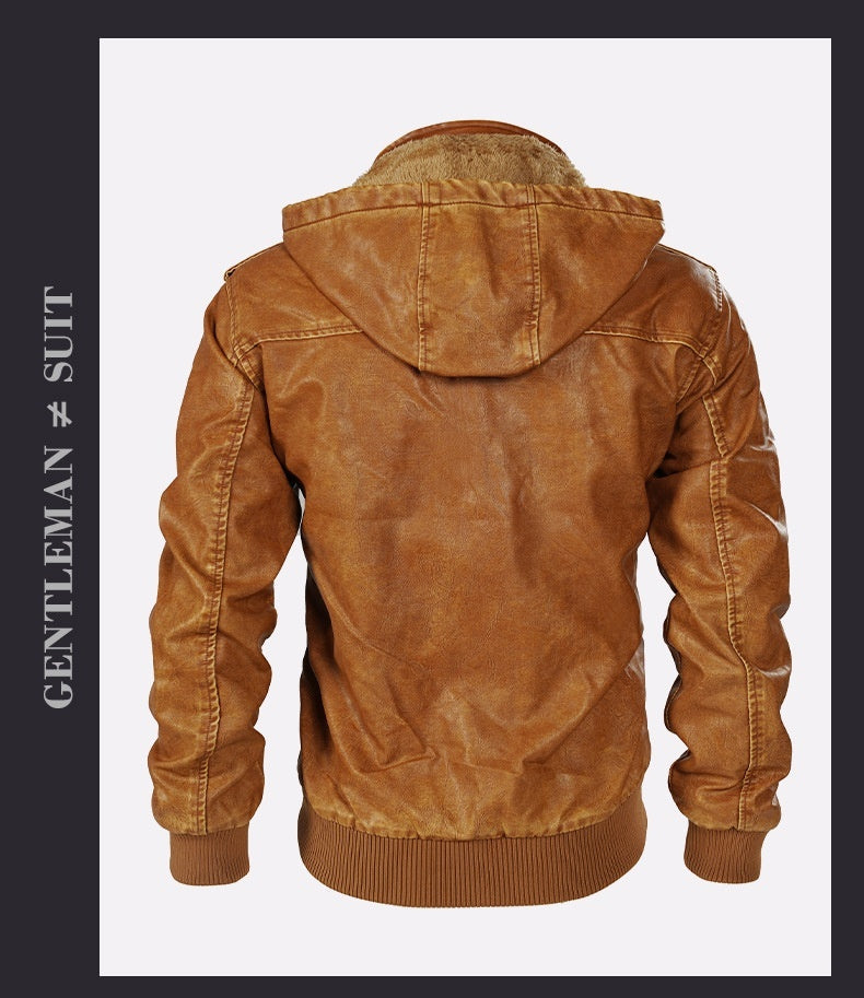 Hooded Leather Jacket Fleece-lined Men's Autumn And Winter New