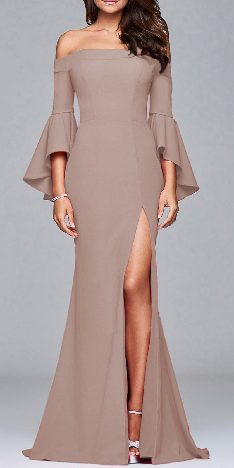 Solid Color Off Shoulder Split Evening Maxi Dress