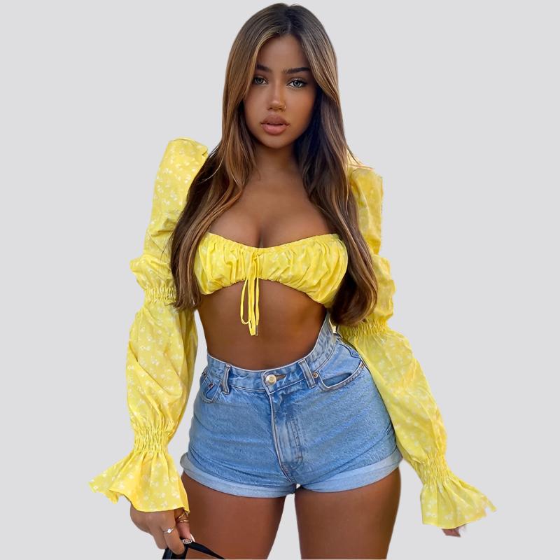 Printed Flared Sleeve Tie Crinkled Crop Top