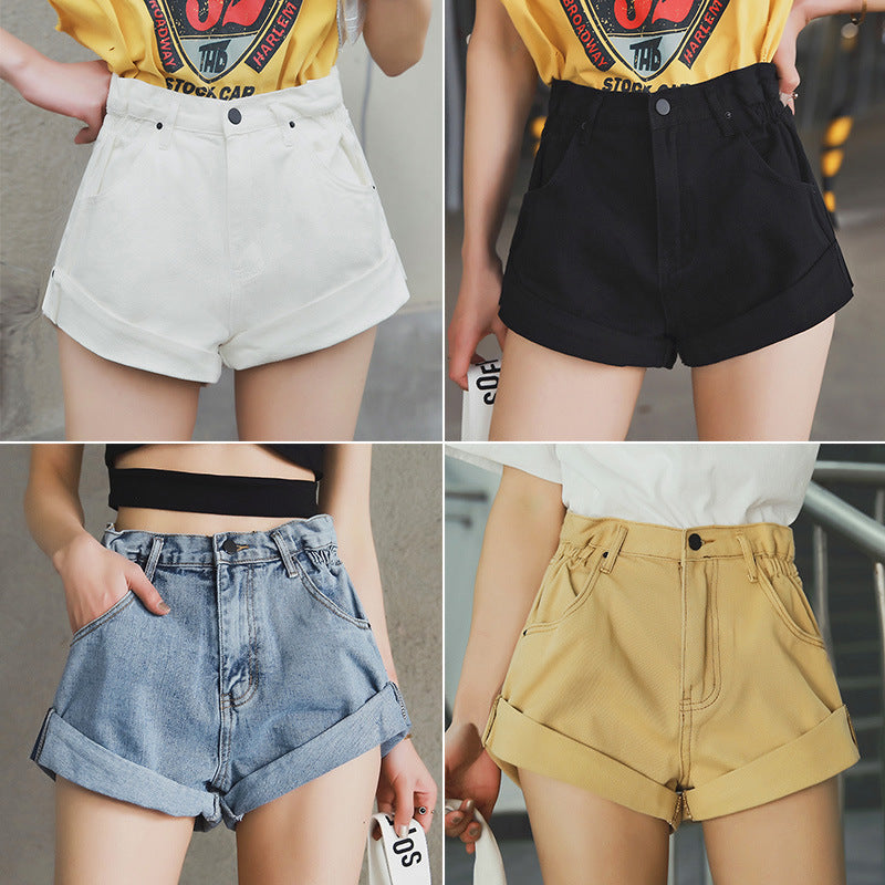 High waist denim shorts female elastic waist waist cuff wide leg pants shorts loose new retro Korean version