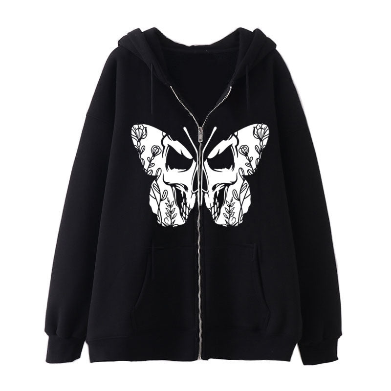 Casual Cardigan Dark Butterfly Print Zip Sweatshirt