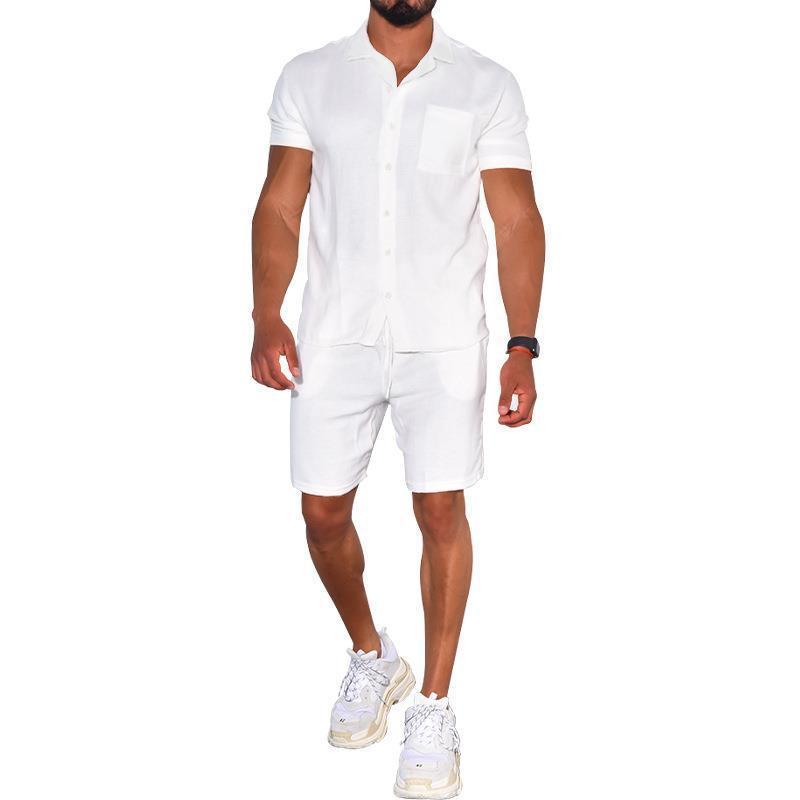 Cross-border Summer Menswear Suit Polo Collar Solid Color Short-sleeved Shorts Suit Button Four-sided Stretch Shirt