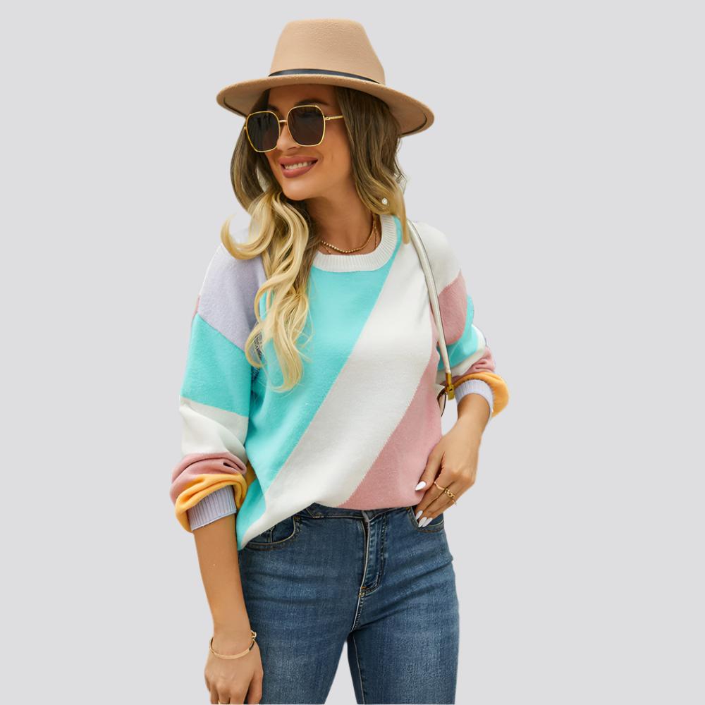 Women's Fashionable Simple Striped Patchwork Round Neck Sweater