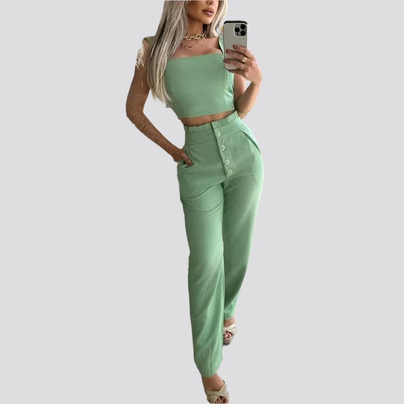 Solid Color Short Crop-top Spaghetti-strap Top High Waist Trousers Two-piece Set