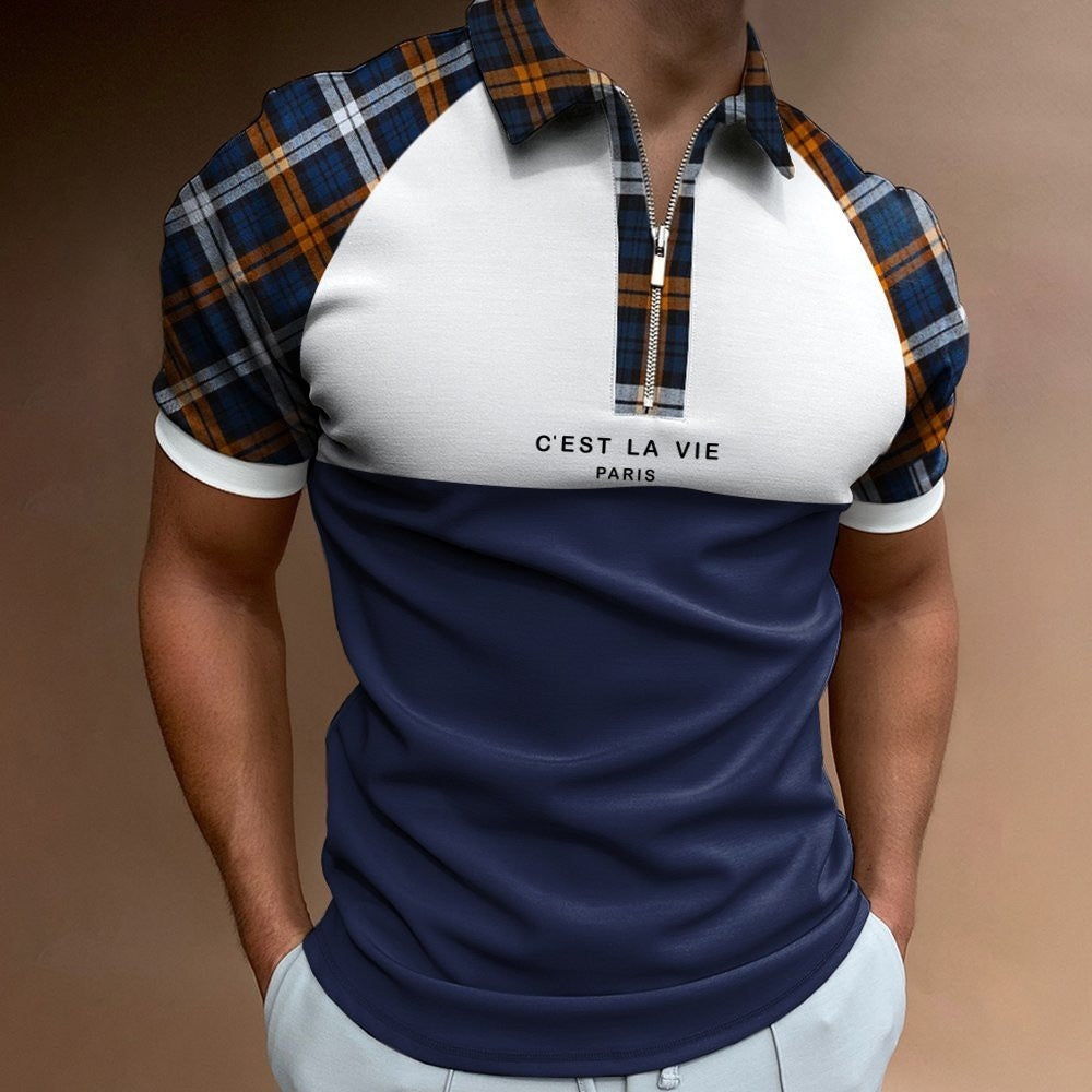 Men's Summer Polo Zipper Color Matching Sports Polo Shirt