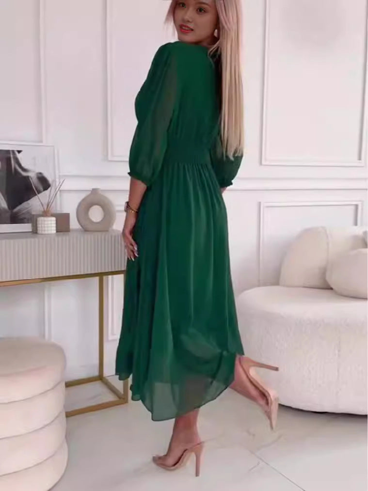 V-neck Waist-tight Long Sleeve Dress Fashion Slimming Skirt Solid Chiffon Dresses For Womens Clothing