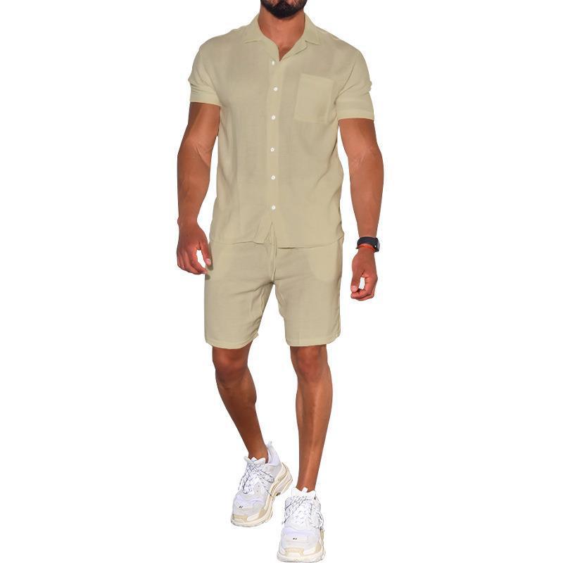 Cross-border Summer Menswear Suit Polo Collar Solid Color Short-sleeved Shorts Suit Button Four-sided Stretch Shirt