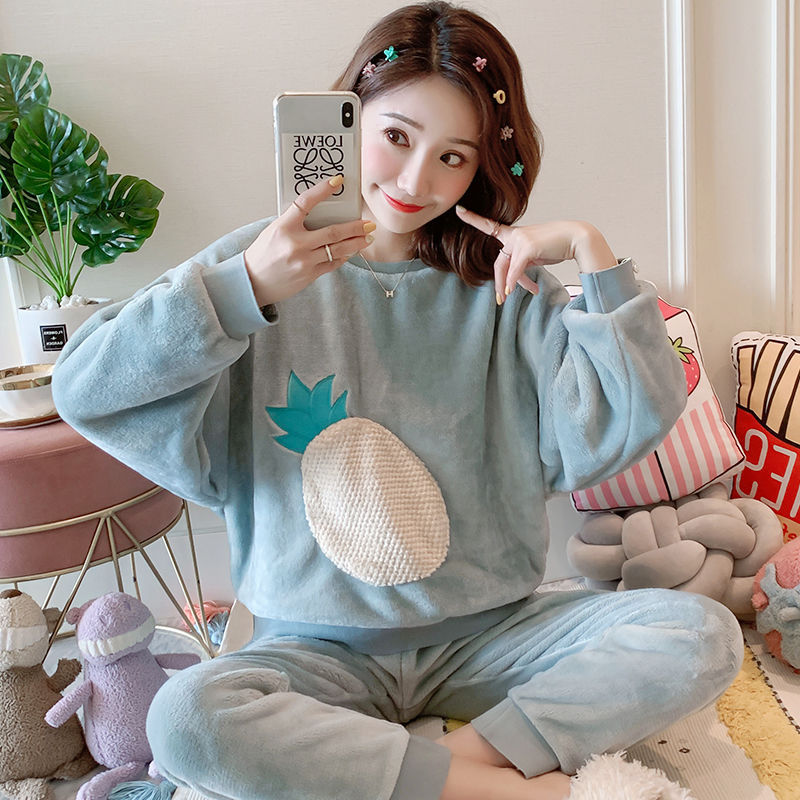 2 Pieces Women Sleepwear Warm Winter Thick