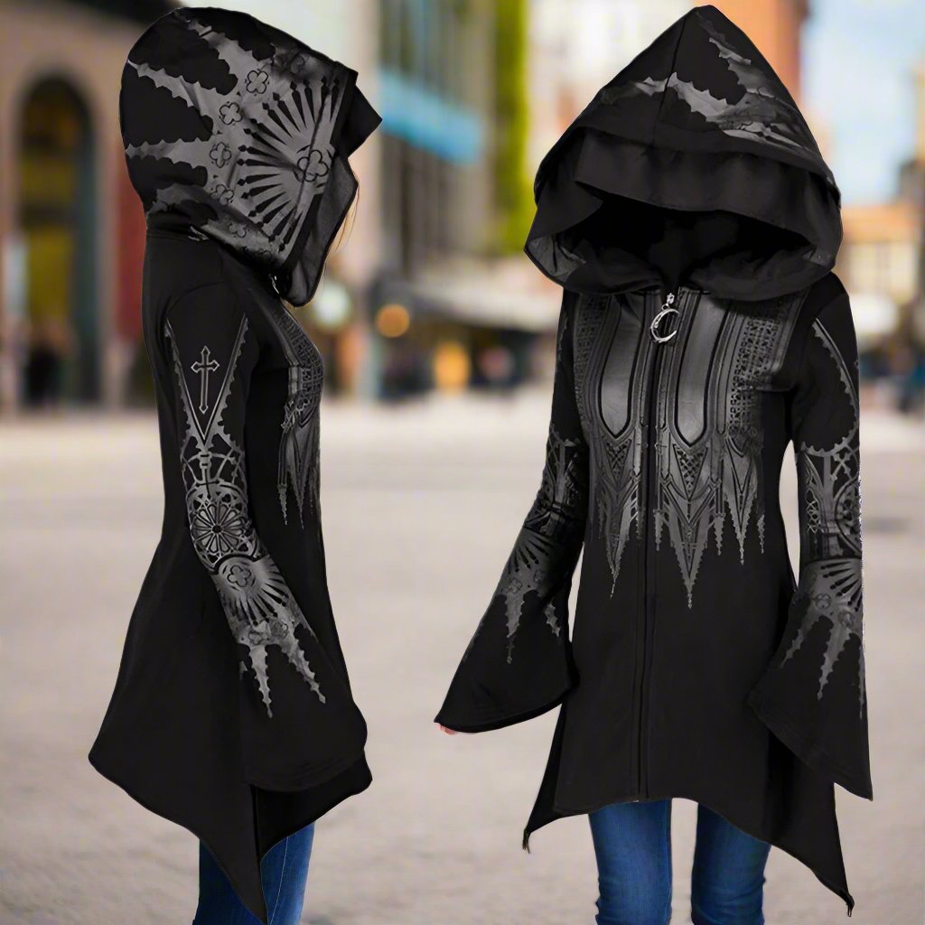 Halloween Cosplay Hoodie Women's Punk Black Long Hooded Printed Sweater